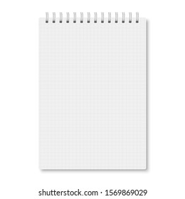 White realistic a5 notebook closed with soft shadows. Vector vertical blank copybook with metallic white spiral on white background. Mock up of cell lined organizer or diary isolated.