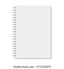 White realistic a5 notebook closed with soft shadows. Vector vertical blank copybook with metallic white spiral on white background. Mock up of cell lined organizer or diary isolated.