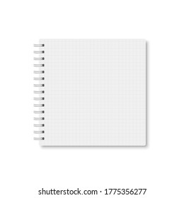 White realistic a5 notebook closed with soft shadow. Vector square blank copybook with metallic white spiral on white background. Mock up of horizontal cell lined organizer or diary isolated.