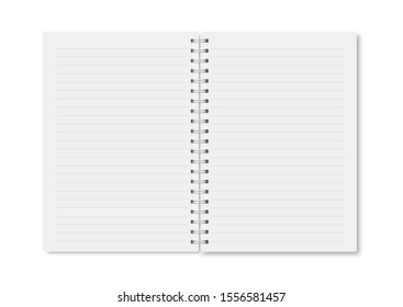 White realistic a5 notebook opened with soft shadows. Vector vertical blank copybook with metallic white spiral on white background. Mock up of horizontal lined organizer or diary isolated.