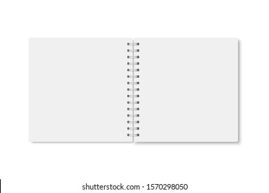 White realistic a5 notebook opened with soft shadows. Vector square blank copybook with metallic white spiral on white background. Mock up of organizer or diary isolated.