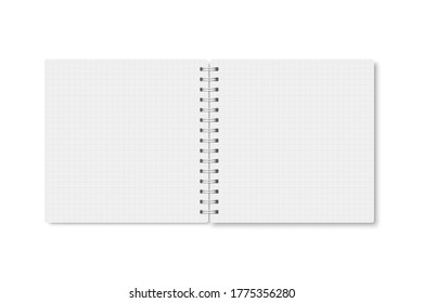 White realistic a5 notebook opened with soft shadow. Vector square blank copybook with metallic white spiral on white background. Mock up of horizontal cell lined organizer or diary isolated.