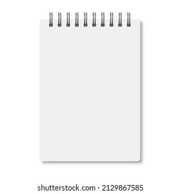 White realistic a6 notebook opened with soft shadows. Vector vertical blank copybook with silver metallic spiral on white background. Mockup of organizer or diary isolated.