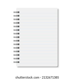 White realistic a6 notebook opened with soft shadows. Vector vertical blank copybook with silver metallic spiral on white background. Mockup of horizontal lined organizer or diary isolated.