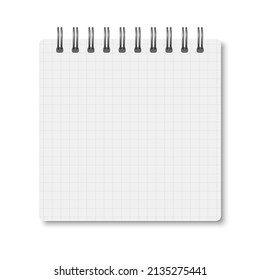 White realistic a6 notebook opened with soft shadows. Vector square blank copybook with silver metallic spiral on white background. Mockup of cell lined organizer or diary isolated.