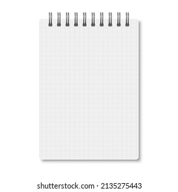 White realistic a6 notebook opened with soft shadows. Vector vertical blank copybook with silver metallic spiral on white background. Mockup of cell lined organizer or diary isolated.