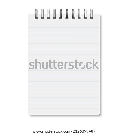 White realistic a6 notebook opened with soft shadows. Vector vertical blank copybook with silver metallic spiral on white background. Mockup of horizontal lined organizer or diary isolated.