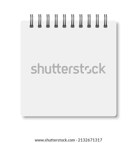 White realistic a6 notebook opened with soft shadows. Vector square blank copybook with silver metallic spiral on white background. Mockup of organizer or diary isolated.