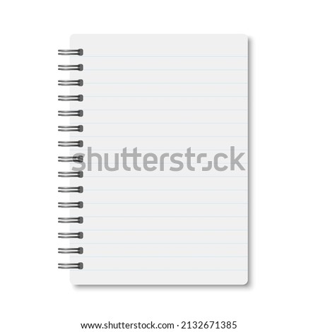 White realistic a6 notebook opened with soft shadows. Vector vertical blank copybook with silver metallic spiral on white background. Mockup of horizontal lined organizer or diary isolated.