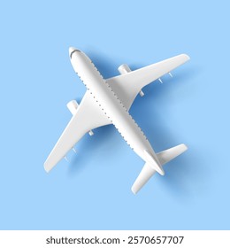 White realistic airplane, 3D on a blue sky background. Top view. For branding concepts of airline companies, passenger transportation, comfort, and travel. Vector illustration.