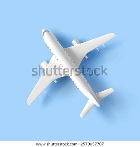 White realistic airplane, 3D on a blue sky background. Top view. For branding concepts of airline companies, passenger transportation, comfort, and travel. Vector illustration.