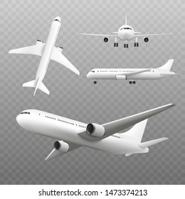 White realistic airplane mockup set on transparent background, isolated plane collection from different angles - front, side, above and under. Vector illustration