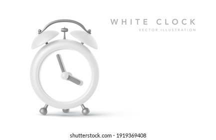 White realistic alarm clock with shadow isolated on white background. Vector illustration