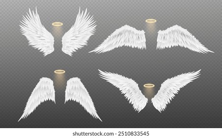 White realistic angel wings with glowing halo on transparent background. 3d vector illustration set of religion or fairytale heaven element with feathers and aureole. Carnival costume decoration.