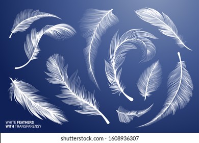 White Realistic Bird Feathers. Vector Flying Feathers Set with Transparency. Clipart Collection. Plume fluffy falling detailed fuzz. Goose or Swan fuzz. Different lightweight isolated elements.