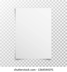 White realistic blank paper page with shadow isolated on transparent background. A4 size sheet paper. Mock up template for your design. Vector illustration
