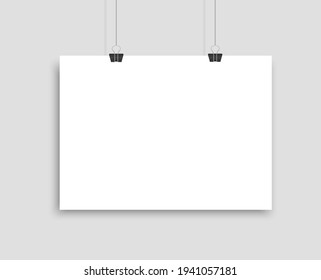 Página de papel blanco realista con sombra. Hoja de papel vacía o lienzo de imagen en blanco colgado en la pared. Cartel de diseño, plantilla o maqueta en fondo gris. Ilustración vectorial. EPS 10