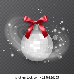 White, realistic Christmas ball, decorated with a red bow. Snow frost effect on transparent background. Vector illustration