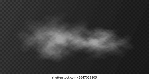 Nuvem realista branca de nevoeiro e efeito de fumaça isolada em um fundo transparente. Misty elemento atmosfera para sobreposição em imagens, cenas dramáticas ou efeitos visuais cinematográficos. Ilustração vetorial.