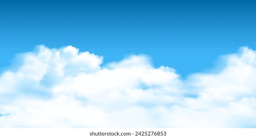 Cielo de nube realista blanco, paisaje nublado sobre fondo azul. Nubes,elemento vectorial,plantilla