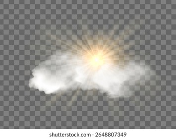 White realistic cloud with sunny rays, sunny cloudy sky. Vector glow light effect with cloud, smoke, fog. Sunlight cloud texture transparent background