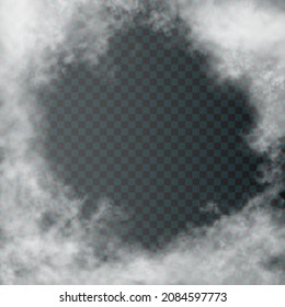 White realistic clouds around the square frame with empty space for text or inscription. Vector light heaven like cloudiness or haze isolated on transparent background. Abstract background.