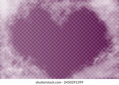 White realistic clouds with heart shape frame inside. Vector light heaven like cloudiness or haze isolated on transparent background. Abstract background for valentine day congratulation.