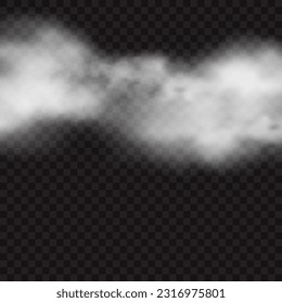 White realistic clouds isolated on transparent background. Vector illustration with smoke effect. Rising fog, vapor