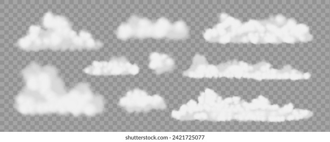 White realistic clouds on transparent cut-out background