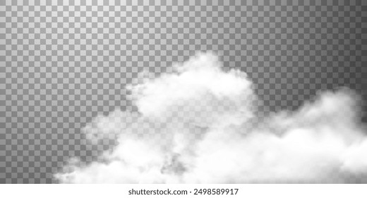 White realistic clouds on transparent background. Vector illustration of cloud sky