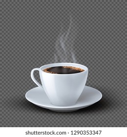 Белая реалистичная кофейная чашка с дымом, изолированная на прозрачном фоне