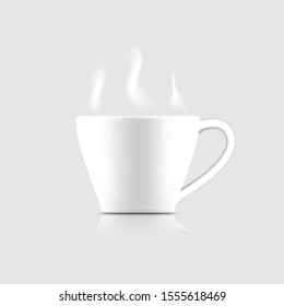 White realistic coffee cup with white smoke isolated on white background