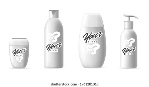 White realistic cosmetic bottles. Blank white cosmetic bottle for bathroom, design location for brand on mockup plastic tube, vector illustration collection isolated on white background
