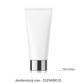 White realistic cosmetic tube isolated on white background. Vector illustration. Can be used for cosmetic, medical, gels, creams, shampoo and pastes. Front view. EPS10.