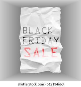 White realistic crumpled paper banner. Black Friday sale