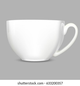 White realistic cup for tea or coffee, isolated on grey background. Vector illustration. Front view