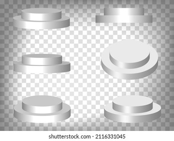 White realistic cylinder, empty stand round podium isolated on transparent background.  3d double deck cylinder. Cylinder and pedestal circle, podium and stand circular  for your  design.