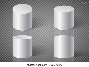 White realistic cylinder, isolated. 3d geometric shapes vector set.