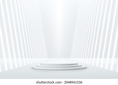 White realistic cylinder pedestal podium with perspective neon light. Vector abstract studio room with 3D geometric platform. Futuristic sci-fi minimal scene for products showcase, Promotion display.