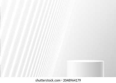 White realistic cylinder pedestal or stand podium with perspective neon light. Vector abstract studio room with 3D geometric platform. Futuristic sci-fi scene for products showcase, Promotion display.