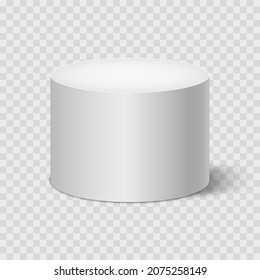 Weißer realistischer Zylinder mit Schatten einzeln auf transparentem Hintergrund. Mocken Sie eine Vorlage für Ihr Design ein. Konzept für Werbung oder Präsentation. 3D-Vektorgrafik
