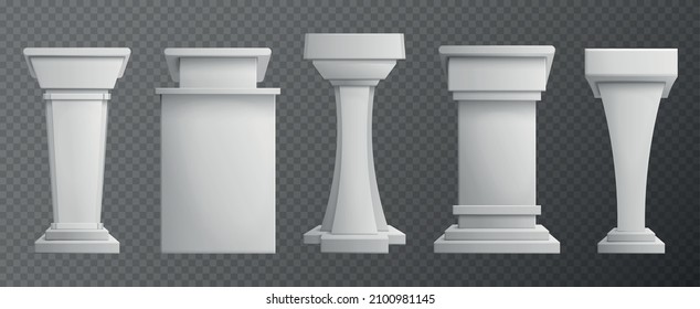 White realistic debate podium set for business presentation or conference on transparent background isolated vector illustration