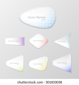 White realistic depth paper banner set. Adorned with a color checker texture. With space for text. Isolation on a gray background. Vector illustration.