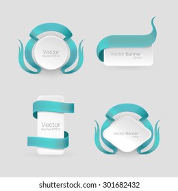 White realistic detailed paper banner set. Decorated with turquoise ribbon. Space for text. Isolation on a gray background. Vector illustration.