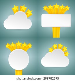 White realistic detailed paper banners. Decorated with stars. Isolation on a turquoise background. With space for text. Vector illustration.