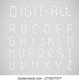 White realistic digital font set with shadows, vector illustration