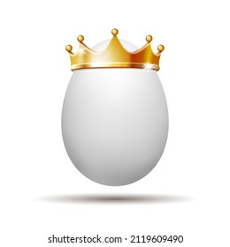 White Realistic egg with golden crown. Template for design flyer, corporate template, brochure. Vector illustration isolated on white background