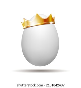 White Realistic egg with golden crown. Template for design flyer, corporate template, brochure. Vector illustration isolated on white background