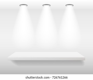 White realistic empty shelf on white wall with top lights. Vector illustration, mock-up background