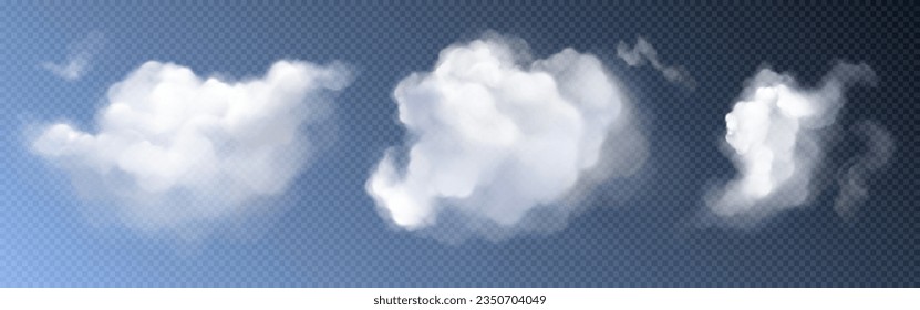 White realistic fluffy cloud smoke in sky transparent vector set. Isolated cumulus cloudy outdoor environment design. Abstract nature storm air condensation texture collection with sunshine light